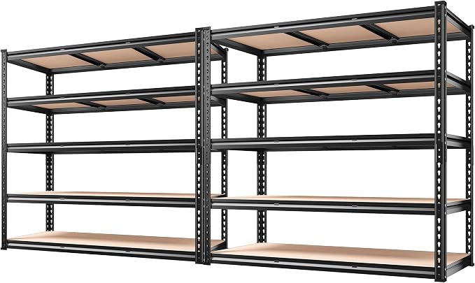 REIBII 48" W Garage Shelving 3000LBS Storage Shelves 5 Tier Industrial Shelving Adjustable Metal Storage Shelves for Garage, Basement, Warehouse, Commercial, Easy Assemble, 48" W x 72" H x 18" D, 2PC