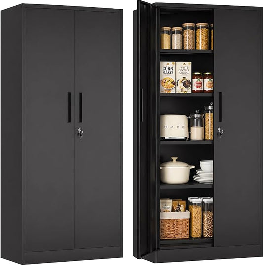 AQY Kitchen Pantry Cabinet,73" Black Pantry Storage Cabinet with 4 Tier Adjustable Shelves and 2 Doors,Freestanding Cupboard,Metal Pantry Cabinets with Handle for Living Room Kitchen Assembly Required