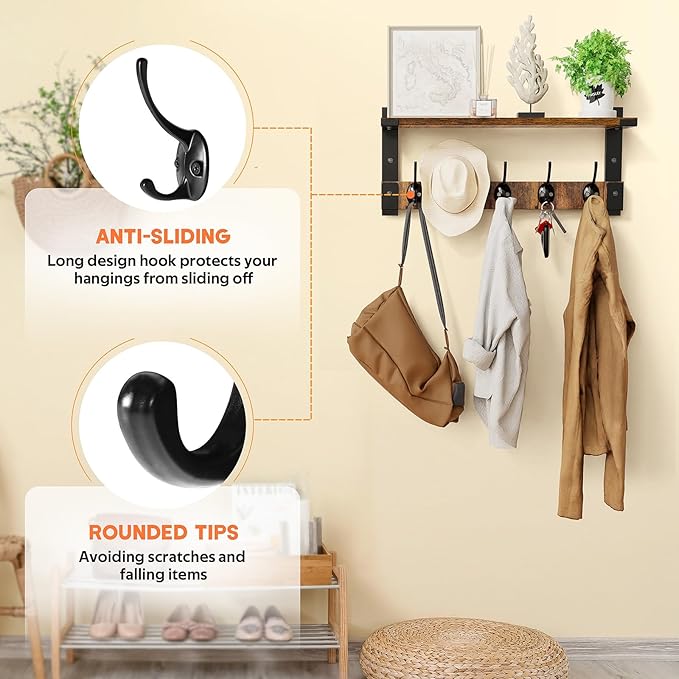Oraich Wall Hooks with Shelf, Coat Rack Wall Mount for Coat Backpack Key Clothes Hanger, Wall Floating Shelf Hanging in Entryway, Living Room, Bathroom, Bedroom, Kitchen