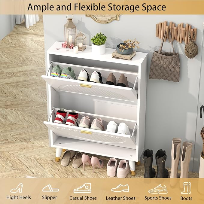 White Shoe Storage Cabinet: 24" Ultra Thin Small Shoe Cabinet for Entryway, Modern Slim and Narrow Hidden Shoes Rack Organizer with Doors and 2 Flip Drawer (1 Piece, 25")