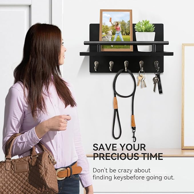 Key Holder Wall Mount with Shelf & 5 Sturdy Hooks, Rustic | Mail Organizer Hanging Dog Leash, Glasses, Wooden Key Hanger with Mounting Hardware