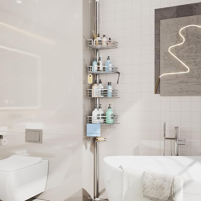 Consumest Corner Shower Caddy Tension Pole - Rustproof Shower Shelves with Towel Bar & Soap Holder, Adjustable Bath Organizer for Bathroom Storage, 27.6-108.3 inch, Silver
