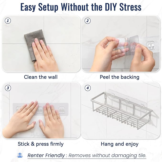 8 Pack Adhesive Rustproof Shower Caddy with Soap Dishes, Toothbrush Holder & Hooks, Large Capacity No-Drilling Shower Shelves Rack for Bathroom Organizers and Storage Accessories, Light Gray