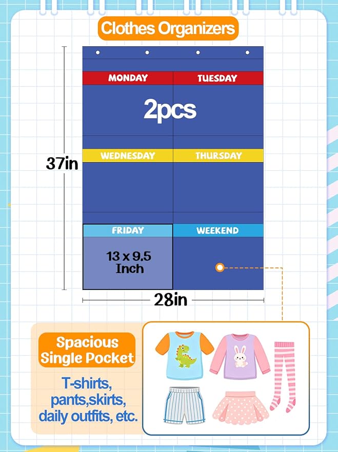 Alphatool 2 Pcs Weekly Clothes Organizer Hanging Closet Storage for Kids | 37" x 28" Large Capacity, Monday to Weekend Labels, Over Door / Wall Mount for School Outfits and Kids Room Organization