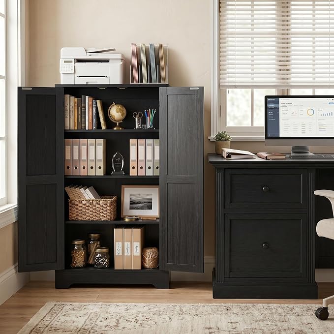 Unikito 43.3" Farmhouse Storage Cabinet with Doors and Adjustable Shelves | Wood Pantry Cabinet, Small Sideboard Cabinet, Short File Cabinet for Dining Room, Living Room, Bathroom, Home Office