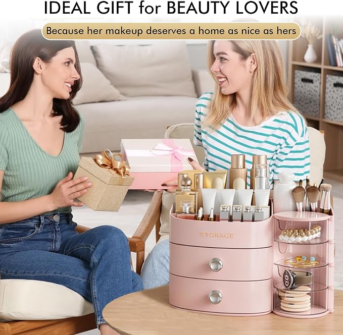 Makeup Organizer Countertop with Drawers, Make up Organizers for Vanity | Skincare Jewelry Earring Organizers, Cosmetic Display Cases Makeup Storage for Bathroom|Dresser, Ideal Gifts for Women(Pink)