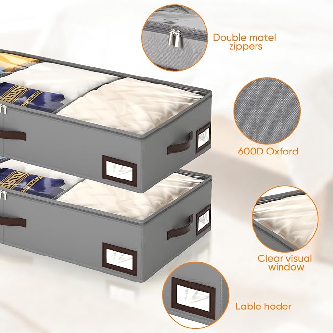 OIAHOMY 2 Pack 53L Under Bed Storage with Adjustable Dividers, 6" Low Profile Underbed Storage Bins for Comforters & Clothes, Save Closet Space with Clear View Lid & Reinforced Handles, Grey