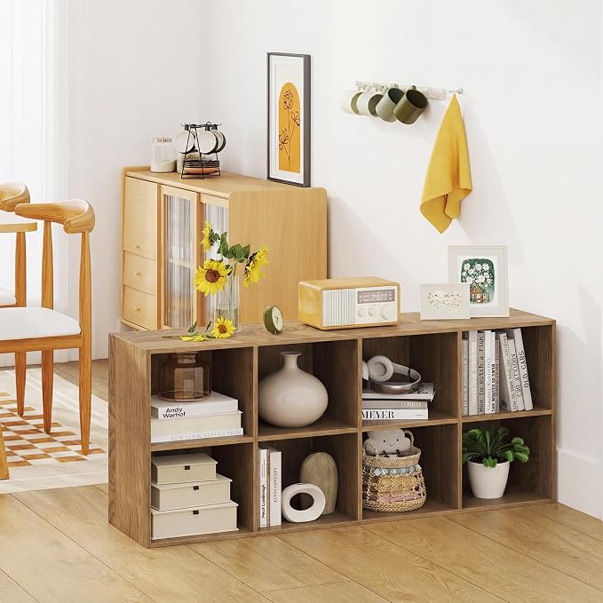 Giantex 8-Cube Bookcase, 3-Tier Cubby Bookshelf, Horizontal Vertical Display Rack with Anti-Tipping Kits, Modern Storage Organizer Shelf Unit for Bedroom, Living Room, Study (Natural, 8-Cube)