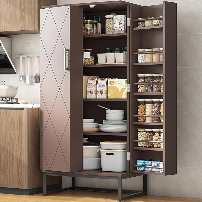 kepptory 51" Pantry Cabinet with Diamond-Patterned Doors and Golden Handles, Freestanding Kitchen Storage Cabinet with 17 Shelves, Tall Metal Base, Adjustable Feet, Grey (Brown, 16"D x 24"W x 51"H)