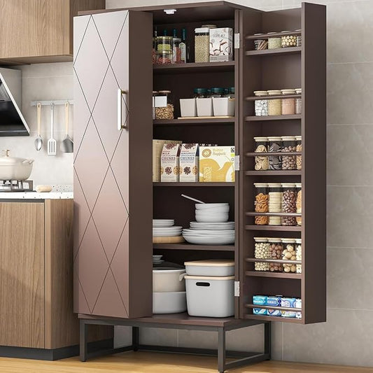 kepptory 51" Pantry Cabinet with Diamond-Patterned Doors and Golden Handles, Freestanding Kitchen Storage Cabinet with 17 Shelves, Tall Metal Base, Adjustable Feet, Grey (Brown, 16"D x 24"W x 51"H)