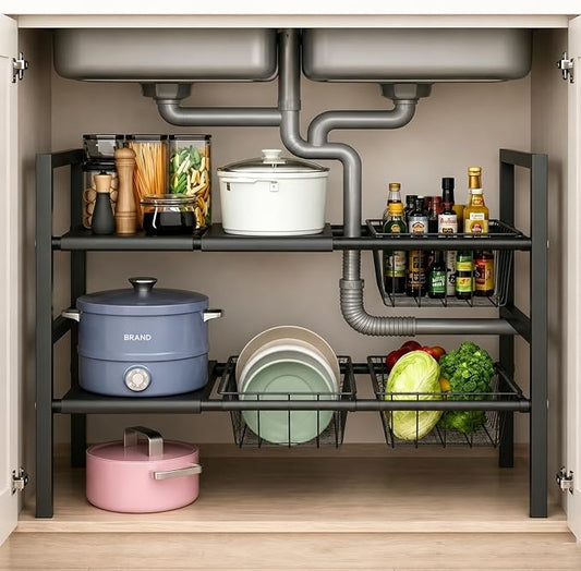 Expandable Under Sink Organizer, 2 Tier Under Sink Shelf, Height Adjustment, Under Sink Shelves with 3 Removable Baskets and 3 Removable Panels for Bathroom Kitchen Pantry Cabit black 21.65in