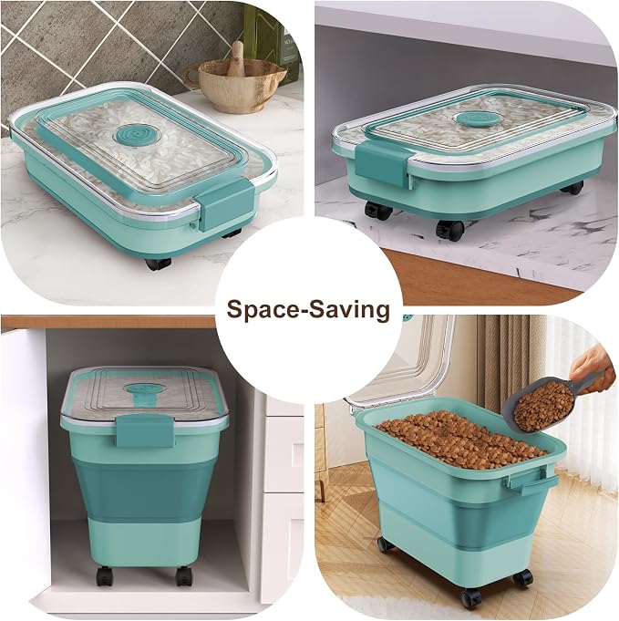 Rice Storage Container, Collapsible Airtight Food Storage Containers 20-30lbs with Clear Lid and Wheels, Rice Dispenser with Scoop for Flour Cereal Pasta Grain, Cat Pet Bird Dog Food Storage Container