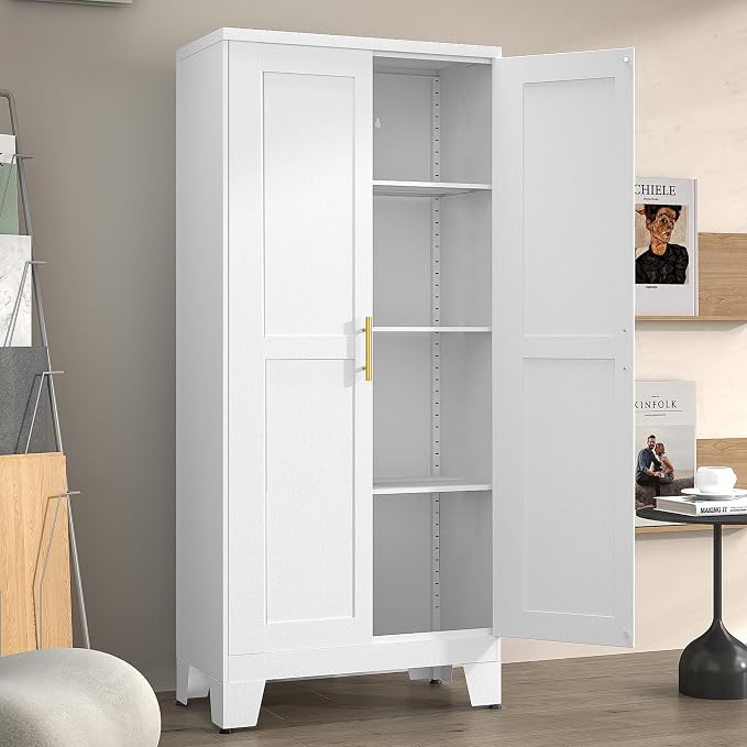 Winiowa Metal Pantry Cabinet with 2 Doors and Adjustable Shelves - 61" Kitchen Storage Cabinet with Gold Handles - Versatile Storage for Kitchen, Bathroom, Dining Room, Utility Room - White