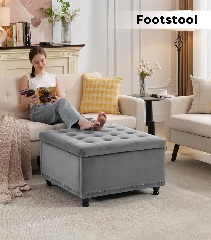 Tbfit Large Square Storage Ottoman Bench, Button Tufted Upholstered Coffee Table Ottoman with Wooden Legs, Oversized Storage Ottomans Toy Box Footrest for Living Room, Gray-Velvet