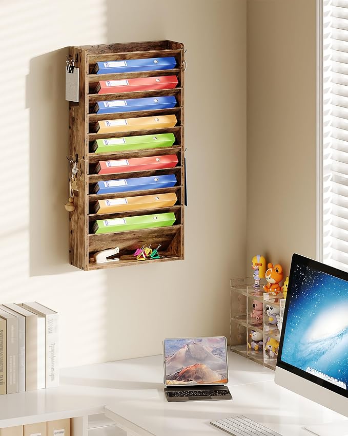 CHOEZON Wall File Organizer, 10-Tier Hanging Mail Organizer, Wall Mount File Holder with 4 Side Hooks, Mail and Storage Organizer, Wooden Vertical Hanging Holder for Office, Rustic Brown MWJ03FG