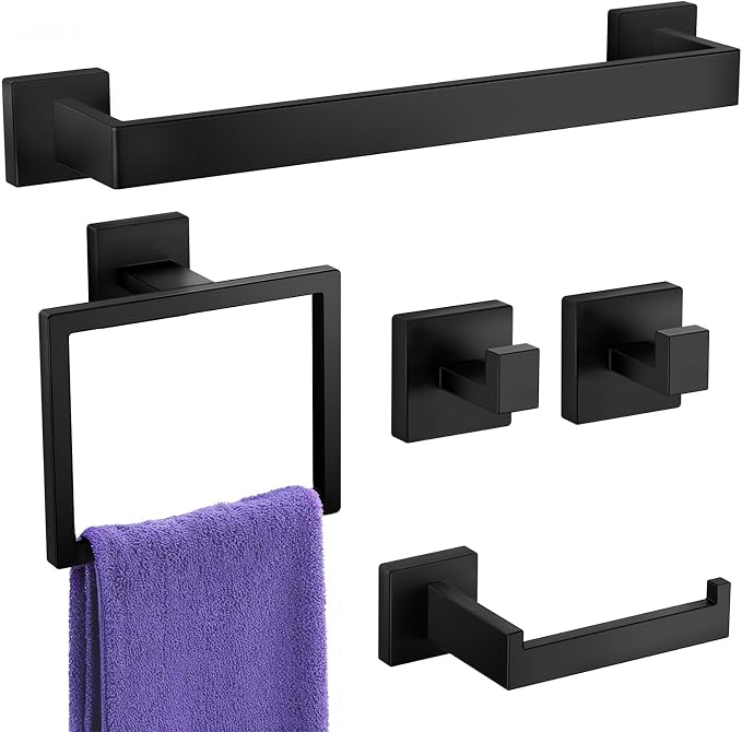 Bathroom Hardware Accessories Set: Bath Towel Bar Set, Towel Racks for Bathroom Wall Mounted, SUS304 Stainless Steel (Matte Black, 5-Pieces)