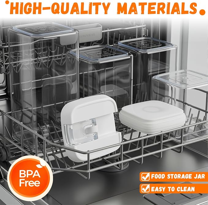 Clear Airtight Food Storage Containers, 7-Piece Set | BPA-free plastic kitchen pantry organization canisters. Stackable design ideal for cereal, spaghetti, and pasta storage.