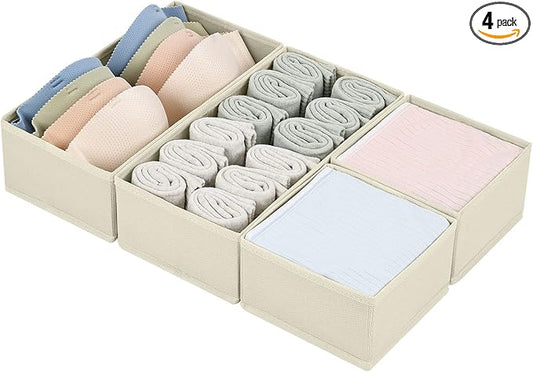 DIMJ Drawer Organizers Clothes, Dresser Organizer Bins for Baby Clothes,Underwear and Sock, Fabric Closet Organization and Storage Boxs, Drawer Dividers for Nursery, Clothing, Tie - 4 Pack, Beige