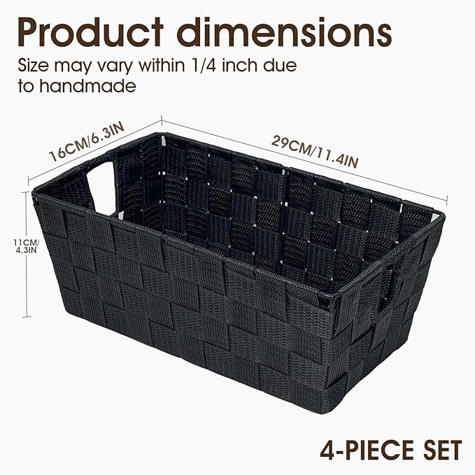 Black Storage Baskets for Shelves, Woven Shelf Baskets for Organizing, Small Strap Organizer Basket for Bathroom Storage, Set of 4