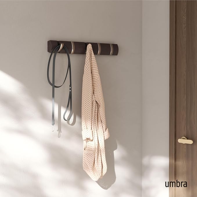 Umbra Flip Coat Rack, Wall Mounted 5-Hook Space Saving, Driftwood/Nickel | Real wood and steel build, retractable hooks fold flat, holds coats bags and scarves, easy install