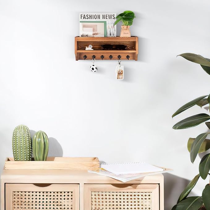 Nekon Key Holder Wall Mount, 12.8" W x 5.6" H x 3.7" D Wall Mounted Key and Mail Organizer with 6 Key Hooks, Key Racks for Home Entryway Decor (Light Brown)