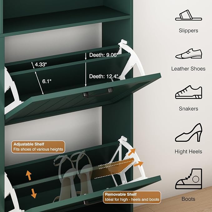 Hidden Shoe Storage Cabinet with 4 Flip Drawers & Open Storage | Farmhouse Modern Shoes Rack Cabinet,Adjustable Shelves ,Narrow Slim Shoe Organizer for Front Door Entrance, Entryway, Green