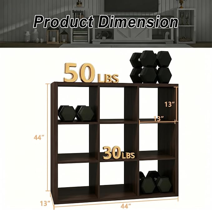 CTESNE【Wooden Thick Frame 9 Cube Storage Organizer Shelf with Anti-Tipping Kits + Reversible Open Back Bookcase, Horizontal and Vertical Dual-use Standing Bookshelf（Chocolate,13inch）