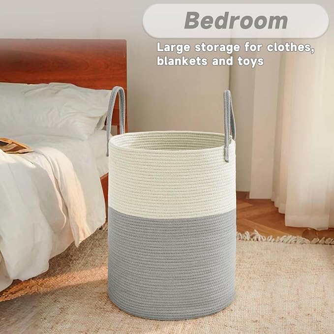 JMvicyroam 60L Cotton Rope Laundry Basket Hamper, White and Grey | Collapsible laundry basket, reinforced handles, freestanding, machine washable, holds 3-5 thick blankets, clothes or toys