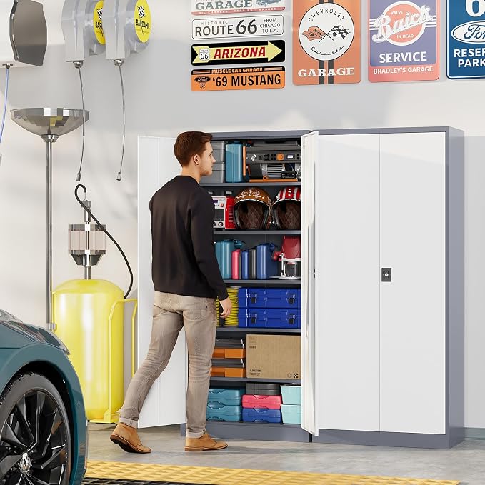 Metal Garage Storage Cabinets with Lock, 71" Tall Tool Cabinet with 2 Door and 5 Adjustable Shelves, Locking Garage Cabinets and Lockable Steel Locker for Home Office Warehouse-(Gray White-71”H)