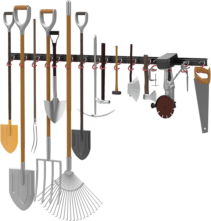 WALMANN All Metal 64 inch Wall Mount Garden Tool Organizer for Garage | Mop and Broom Holder, Yard Tool Storage Rack for Rake, Shovel, Spade, Mop, Broom(4 Rails, 16 Hooks)