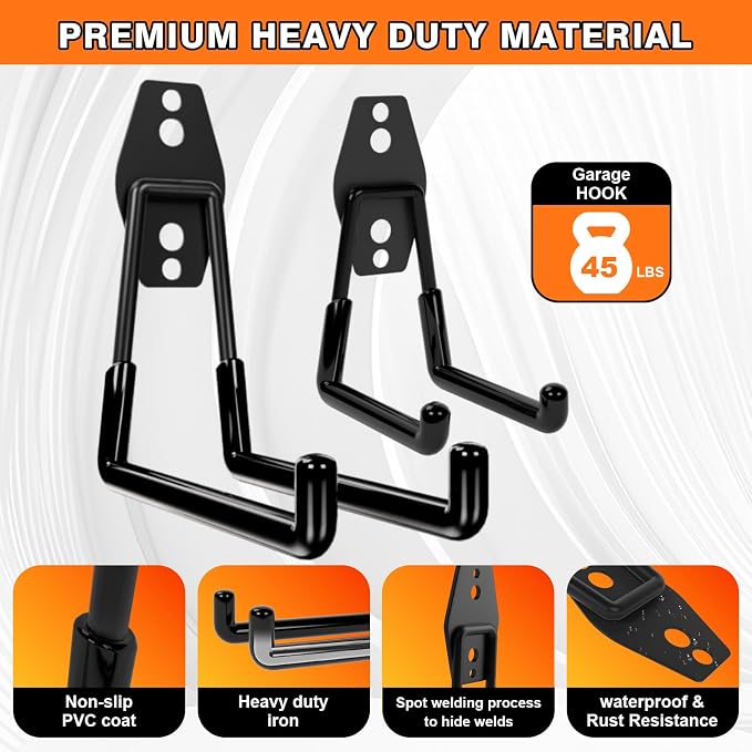 Heavy Duty Garage Hooks Storage, Anti-Slip Steel Wall Mount Multi-Size Utility Hangers Organizer for Ladders, Bikes, Garden Tools, Hose with 32 Screws Hardware Kit (Black, 20 Pack)
