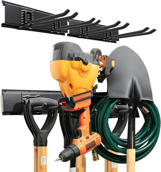TIDYME Garage Tool Organizer Wall Mount, 32", 2 Racks 4 Hooks, 200 lbs | 200 lbs, anti-rust carbon steel, garden tool organizer & storage rack for garage organization, shovels, rakes & tools