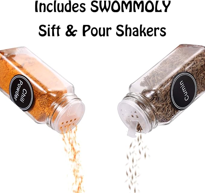 SWOMMOLY Spice Rack Organizer with 36 Spice Jars 4 oz and 396 Spice Labels | Chalk Marker, Funnel Set, Spice Organizer for Cabinet, Countertop, Pantry, Cupboard & Wall Mount, 16.5" W × 12.6" H, Silver
