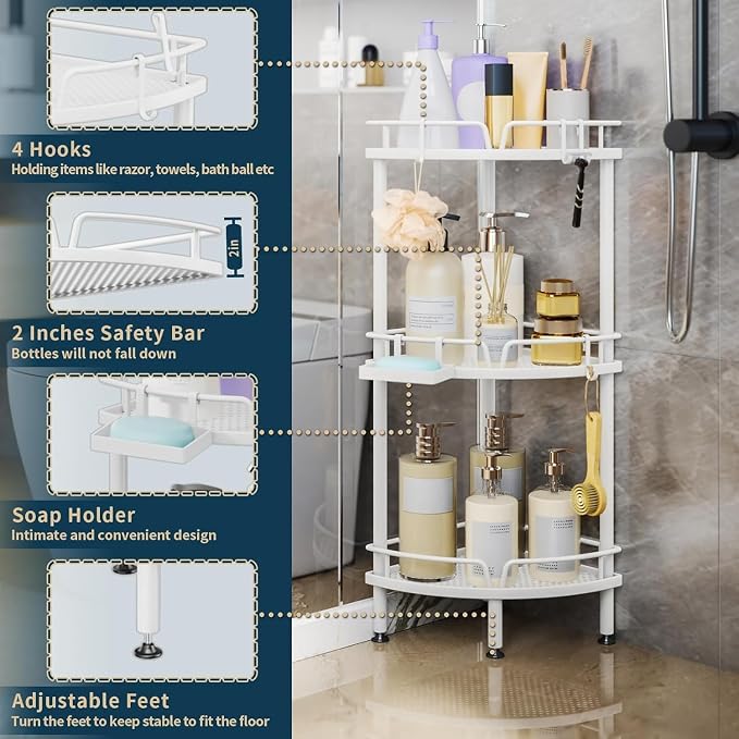Consumest Corner Shower Caddy Standing - 3 Tier Shower Organizer with Soap Holder, Tall Floor Storage Rack with Adjustable Feet & 4 Hooks, Bathroom Corner Shelf, White