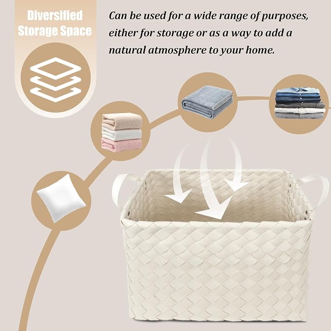 Handwoven Clothes Basket Laundry Hampers Large Wicker Storage Baskets for Shelves Blankets Closet Storage Bins Car Bedroom Bathroom Organizers and Storage Bath (Pack of 4, Ivory)