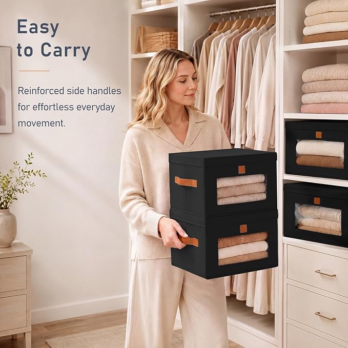 DIMJ Storage Bins with Lids - 4 Pack Front Opening Stackable Fabric Storage Boxes with Clear Window & Handles, Collapsible Closet Organizers for Clothes, Sweaters, Shelf Storage, Bedroom, Black