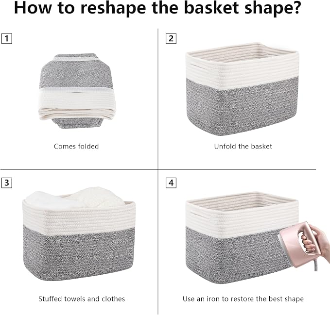 OIAHOMY 4 Pack Storage Basket, 13"x9"x7.8" Cotton Rope Baskets for Shelves, Closet Organizer for Bedroom & Living Room, Soft Decorative Bins for Organizing Towels, Books & Toys, Grey & White