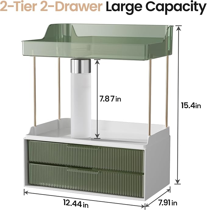 Delamu 4-Tier Makeup Organizer, Bathroom Counter Storage, 2 Drawers,Green | Elegant Vanity Organizer Gift for Women, Holds Perfume, Skincare, Nail Polish & Hair Accessories for Bathroom Countertop