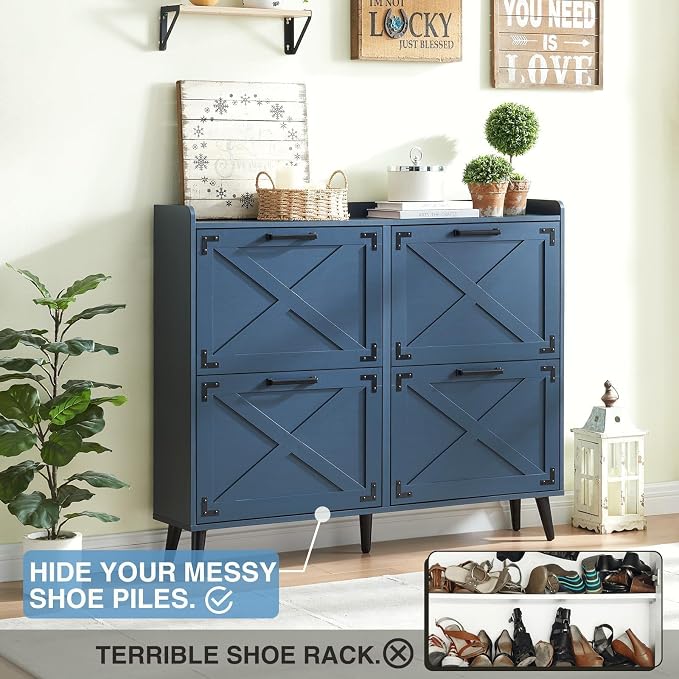 Barnyatoh Farmhouse Shoe Storage Cabinet,Shoe Organizer with 4 Flip Drawers | Freestanding Hidden Slim Narrow Shoe Rack Cabinet,Barn Door Design, Wood Shoes Organizer for Entryway,Foyer,Hallway,Navy Blue