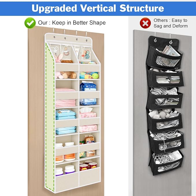 Univivi Upgraded Over Door Organizer for Baby Stuff, Beige Pattern, 6-Shelf | Fabric Behind Door Storage with Clear Window Deep Pockets, Over Door Hanging Organizer for Baby Essential, Bedroom, and Dorm