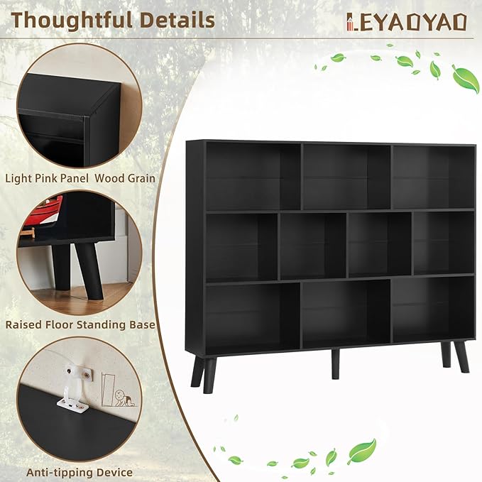 LEYAOYAO 10 Cube Bookshelf, Mid-Century Modern Book Shelf with Legs, Black | 3 Tier Bookcase, 55" Wide Rustic Wood Bookshelves Large Storage Organizer, Open Shelves for Bedroom, Living Room, Office