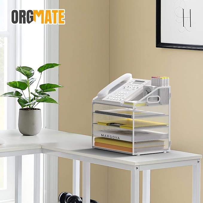 5 Tier Mesh Desk Organizer with Pen Holder and Handle Letter Tray | Metal desktop document shelf and paper sorter. Premium mesh workspace storage for office, home, and classroom