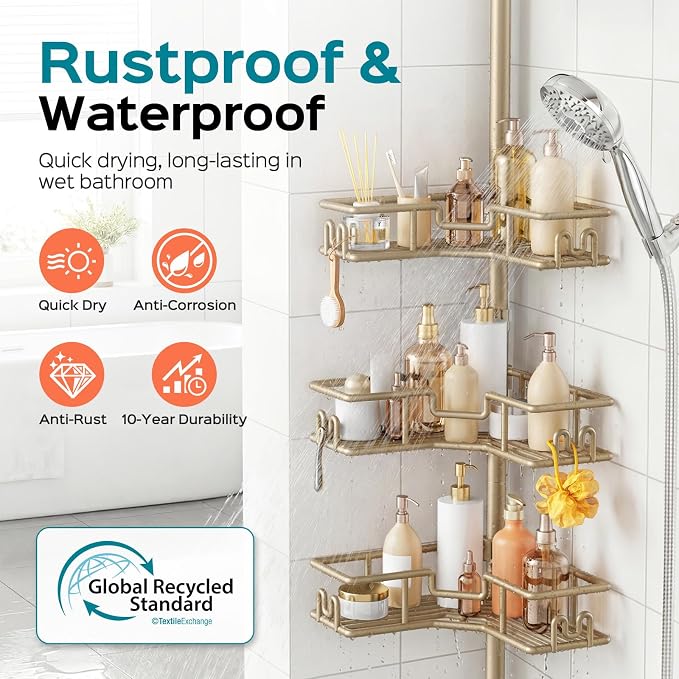 HAMITOR No-Drill Shower Rack, 4-Tier Corner Rustproof Tension Pole, Khaki | Bathroom Accessories With Hooks Renter-Friendly, 47.7-123.6in Adjustable, Space-Saving Bathtub Caddy For Family, Apartment RV