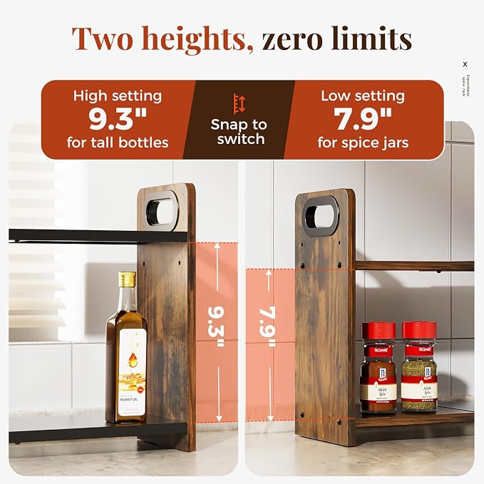 2-Tier Expandable Spice Rack Organizer for Countertop, 10.6"-17.3" | Metal & Wood ,Adjustable Height Spice Racks Shelf for Counter Cabinet Coffee Station, Space-saving Kitchen Storage Shelves