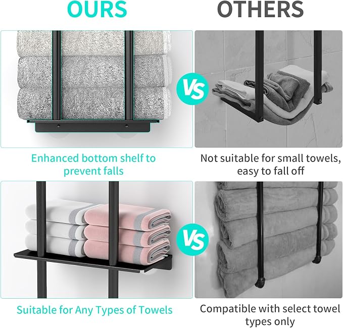 Bethom 3 Tier Over The Door Towel Rack, Hanging Towel Rack, Matte Black | Bathroom Towel Holder with Shelf, Over Door & Wall Mount Design, Ideal for Small Bathrooms, Sturdy Rust-proof Stainless Steel