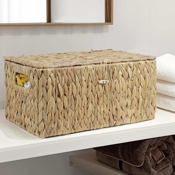 ORDELITE Water Hyacinth Wicker Storage Basket with Lid, Large | Rectangular Storage Box, Shelf Organizer Bin, Woven Home Storage, Multipurpose Design, Natural Decor