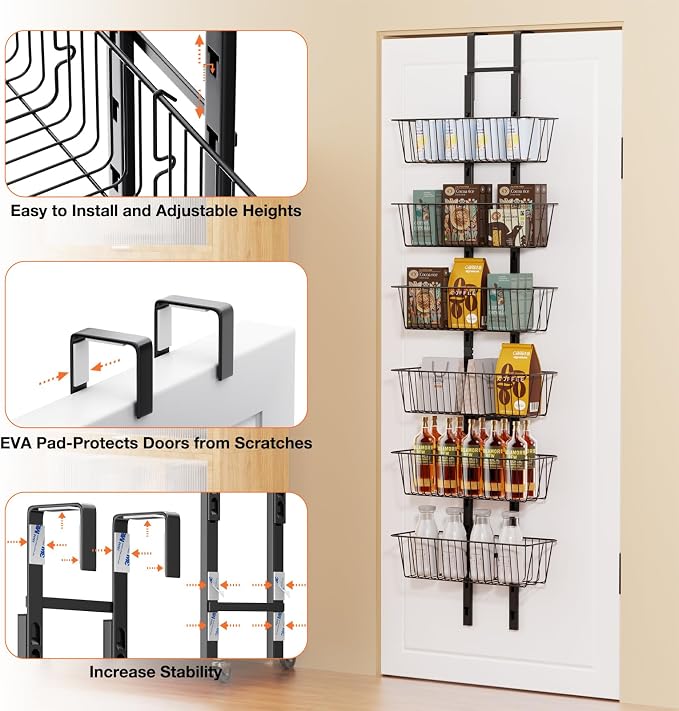 6 Tier Over the Door Pantry Organizer, Over the Door Spice Rack with Adjustable Baskets, Metal Hanging Door Pantry Organizers and Storage for Kitchen Bathroom Bedroom, Black