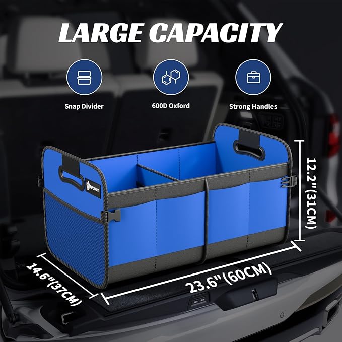 Sposuit Trunk Organizer for Car - 70L Collapsible Sturdy Car Storage, Blue | 11 Pockets & Reinforced Handles, Large Capacity, SUV Trunk Organizers for Grocery Cargo, Non-Slip Bottom