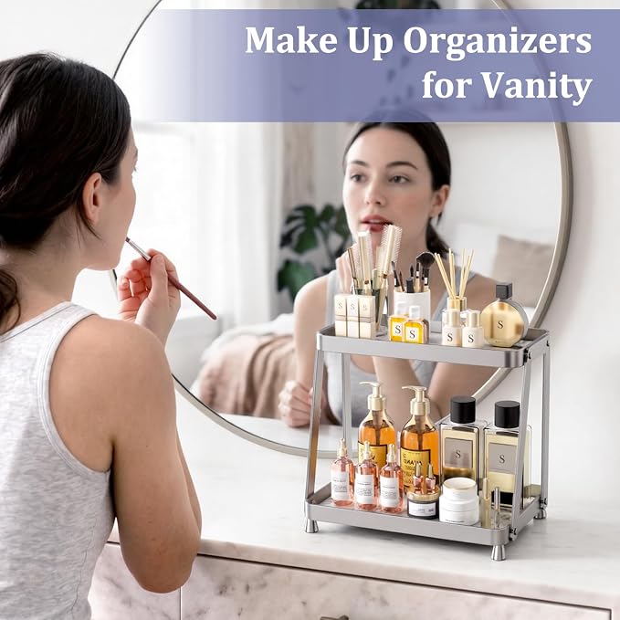 2-Tier Acrylic Bathroom Vanity Organizer, Silver | Bathroom Counter Storage Shelf with Marble-Look Tray, Holds Cosmetics, Perfume, Makeup & Skincare Products