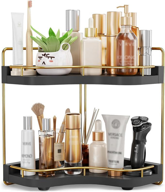 2-Tier Corner Bathroom Counter Organizer, Larger Size | Embedded Screw Holes, Sturdy & Stable, Oversized, Holds More, Vanity Shelf for Makeup & Skincare